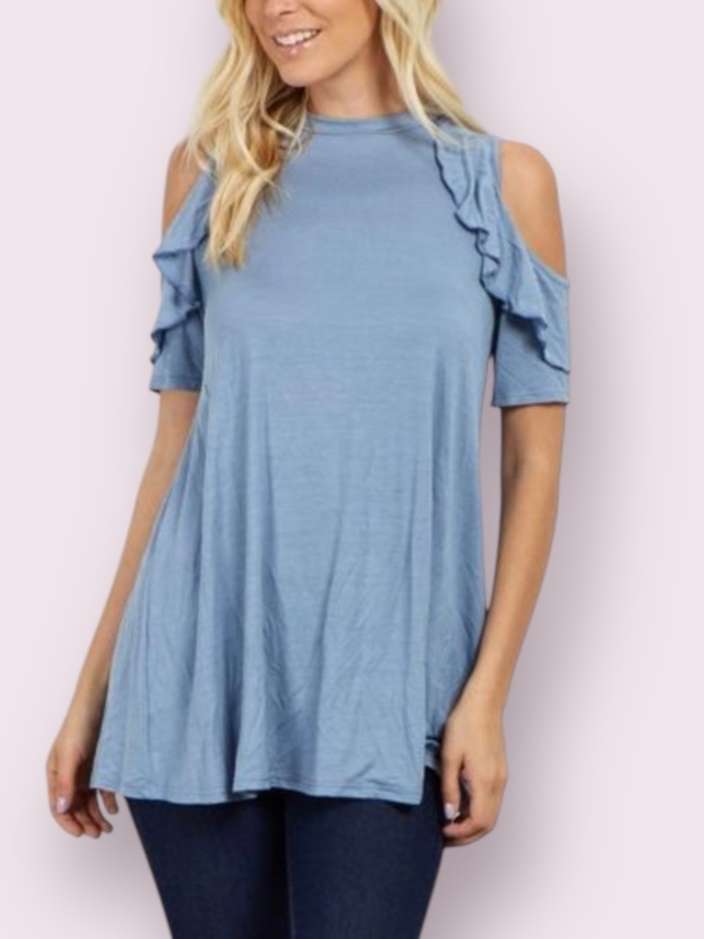 Tackle & Tides Blue Cold Shoulder Ruffle Top Lightweight Blouse Size M